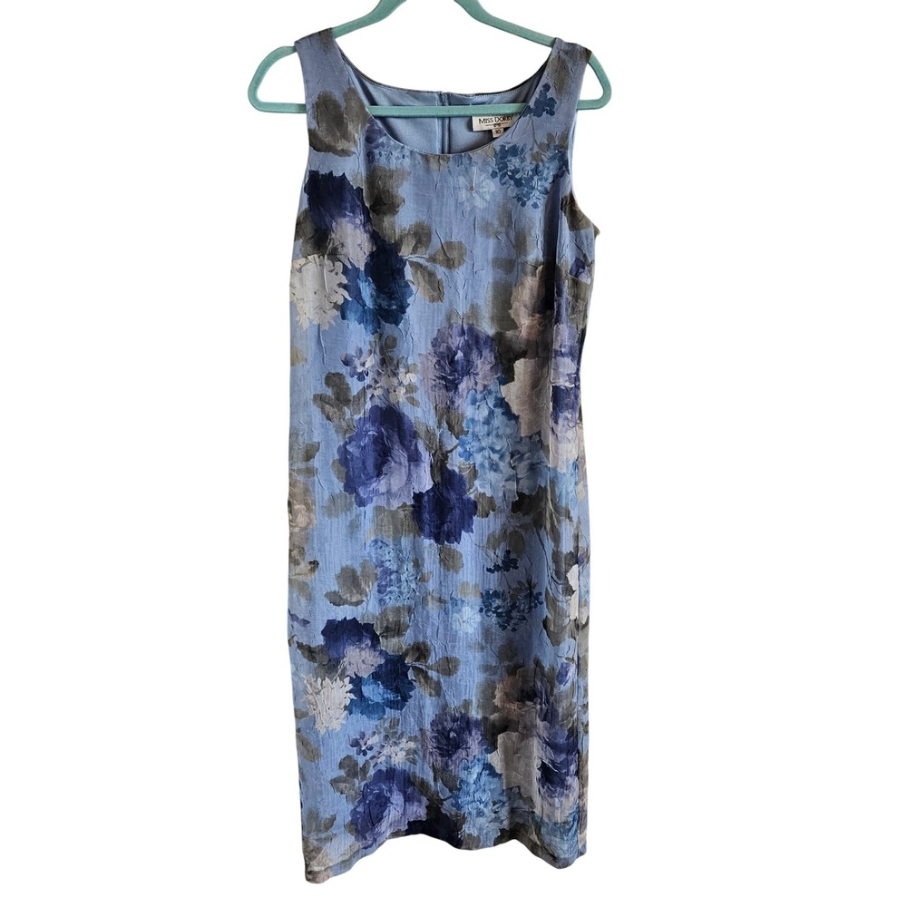 Miss Dorby Blue Floral Watercolor Midi Sheath Dress Sleeveless Vintage Style 10